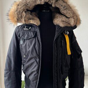 PARAJUMPERS -Size S - Black Gobi hooded bomber jacket/real fur hood.